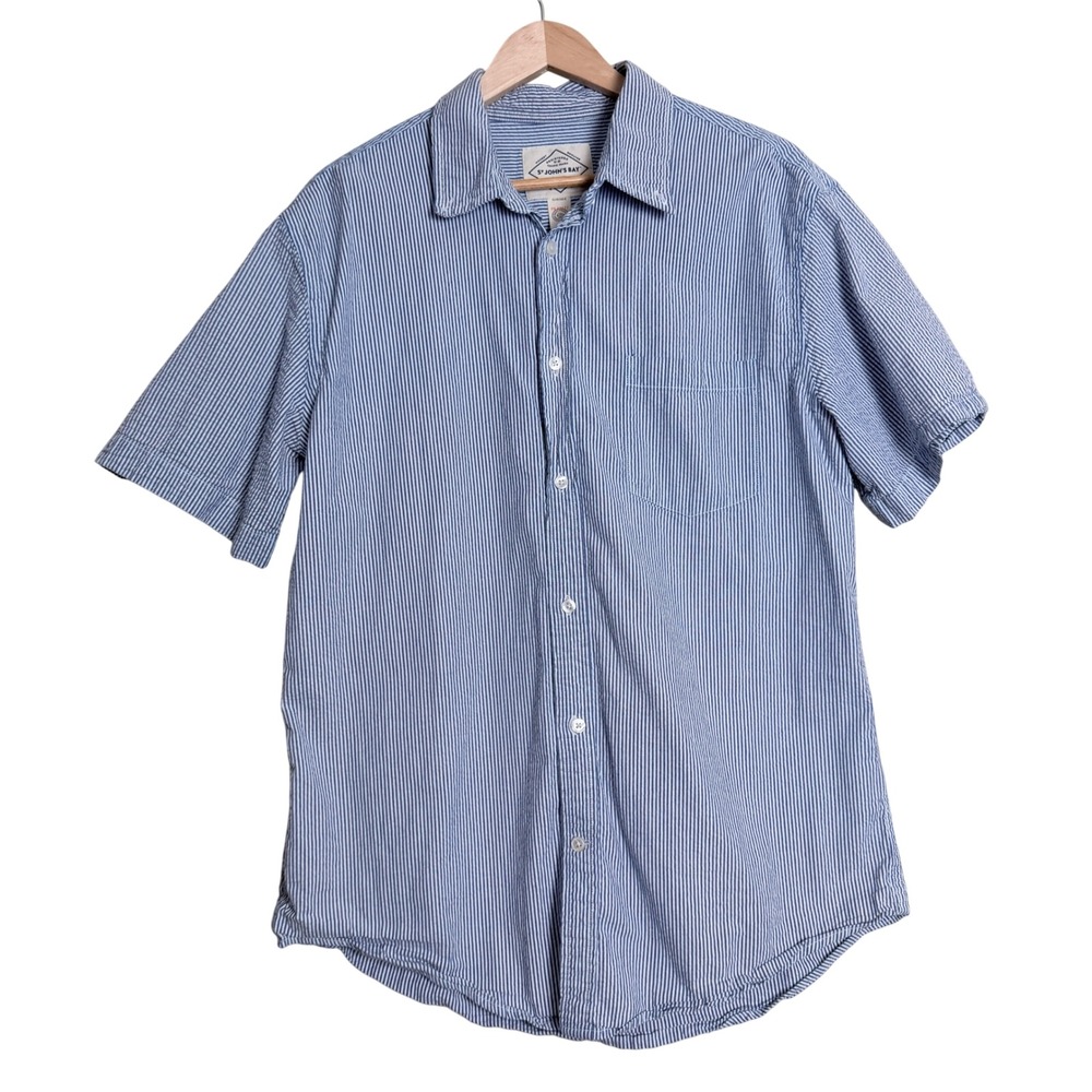 St. Johns Bay Button-Up Shirt Large Blue Cotton Striped Coastal Preppy Resort